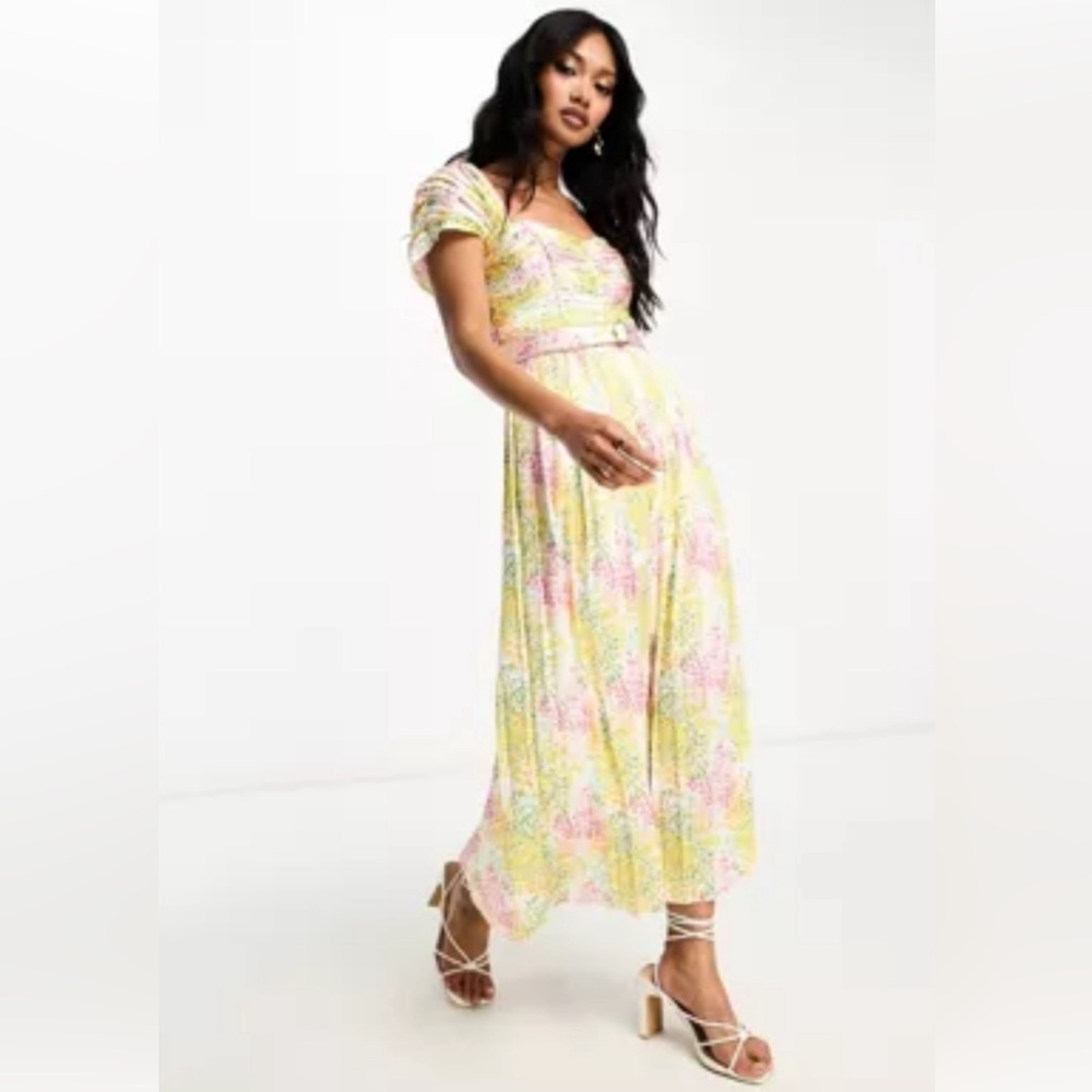 Little Mistress cap sleeve pleat midi dress in mixed floral from ASOS
